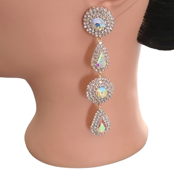 AURORA BOREALIS CZ Gold Teardrop Discs Statement Earrings Evening Wedding - Picture 4 of 12